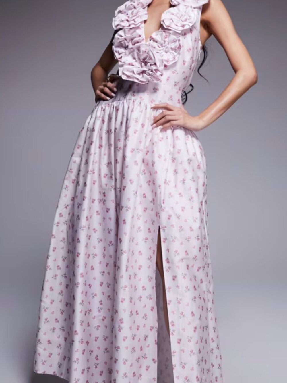ASOS LUXE plunge drop waist corsage maxi dress
